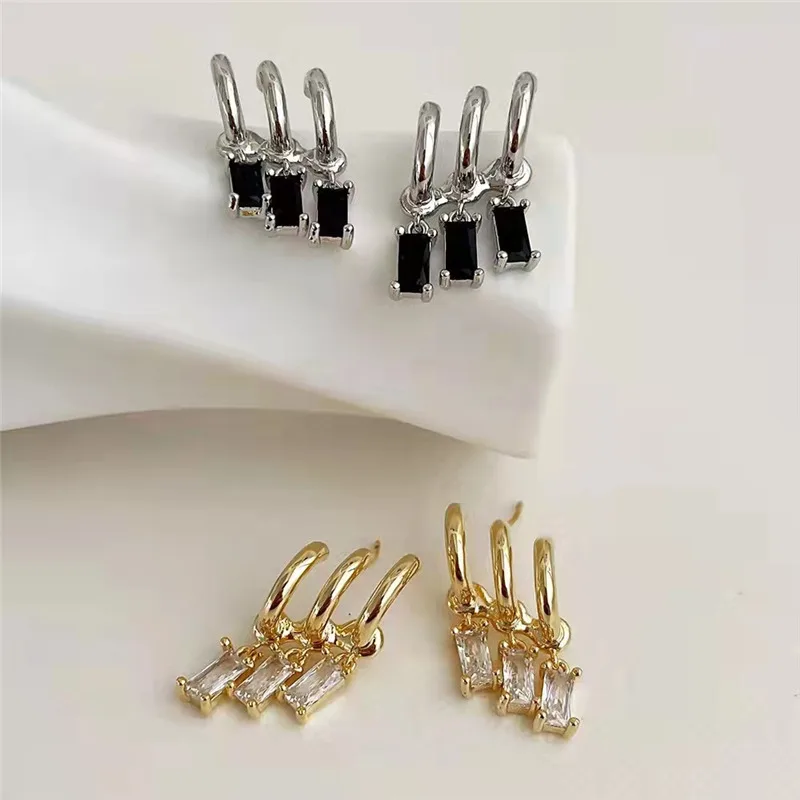 New Three Rows Black Crystal Tassel Pendant Earrings For Women Classic Elegant Zircon 2022 Summer Fashion Jewelry Party Gift