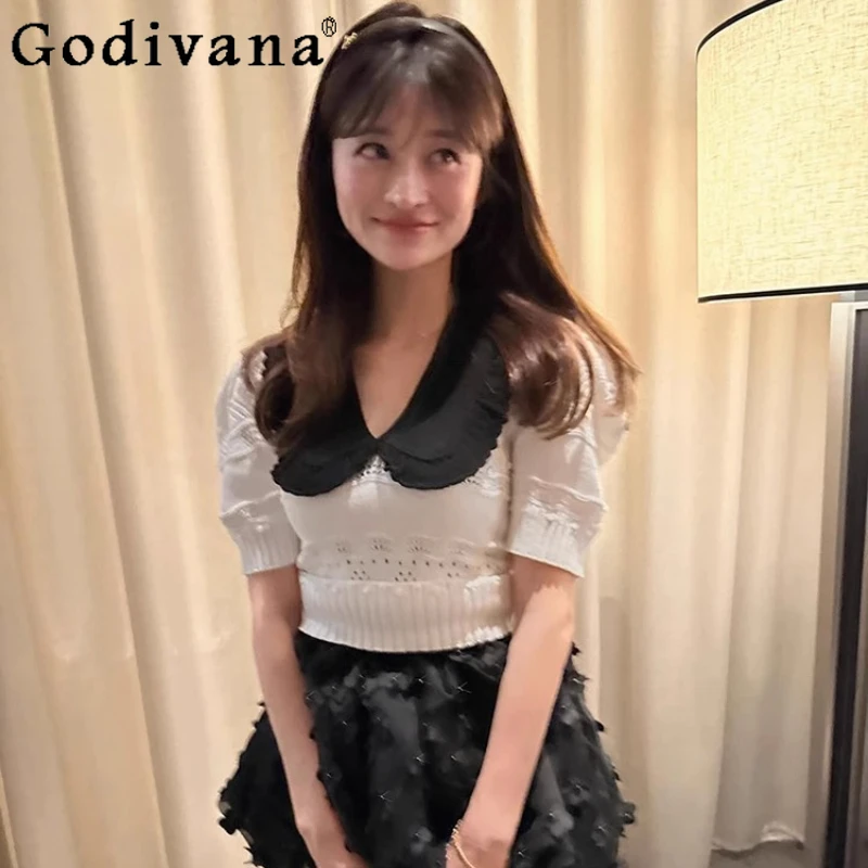 

Базовые черные вязаные топы с короткими рукавами в японском стиле, весна-лето, женская футболка с отложным воротником и вышивкой букв