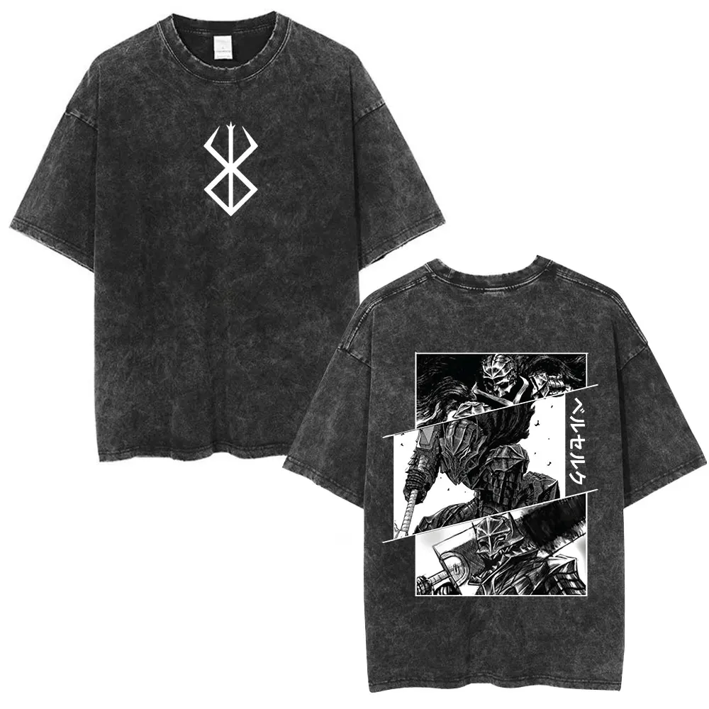 Custom Japanese Anime Berserk Guts Vintage Washed T Shirt Griffith Swordsman Gatsu Sacrifice Zodd T-shirts Unisex Cotton Casual