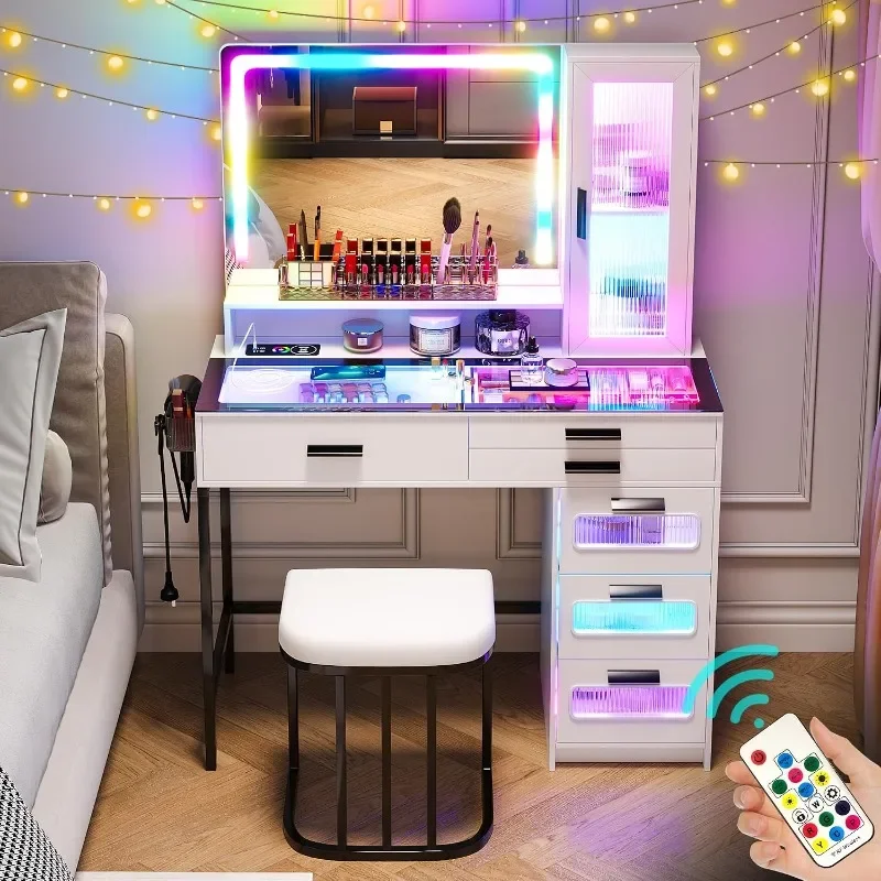 WOOVIVS Dressing Table with RGB Motion Sensor Light&Charging Station Drawer,stool,usb port,Motion Activated LED Light