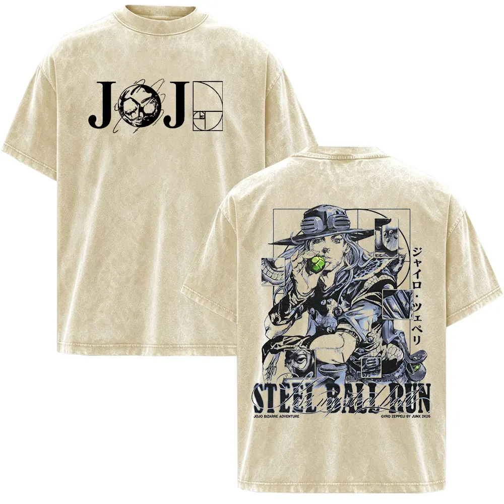 Anime Jojo Bizarre Adventure Gyro Zeppeli Vintage Washed T Shirt Men Women Clothing Casual Oversized Short Sleeves T-shirts Tops