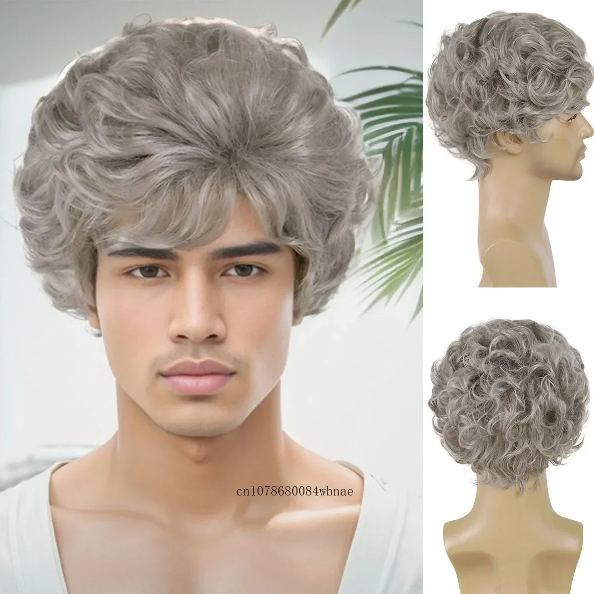 

Mens Wig Synthetic Hair Fluffy Short Grey Curly Wigs with Bangs Old Male Hair Replacement Wig Grandpa Wig Daily Cosplay Costume