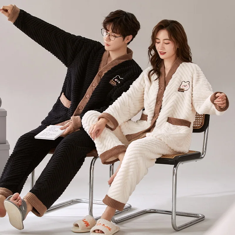 

Winter and Autumn Flannel Sleepwear for Couples Kimono Fashion Pajamas Set Men and Women Matching Homewear Coral Fleece Pijama