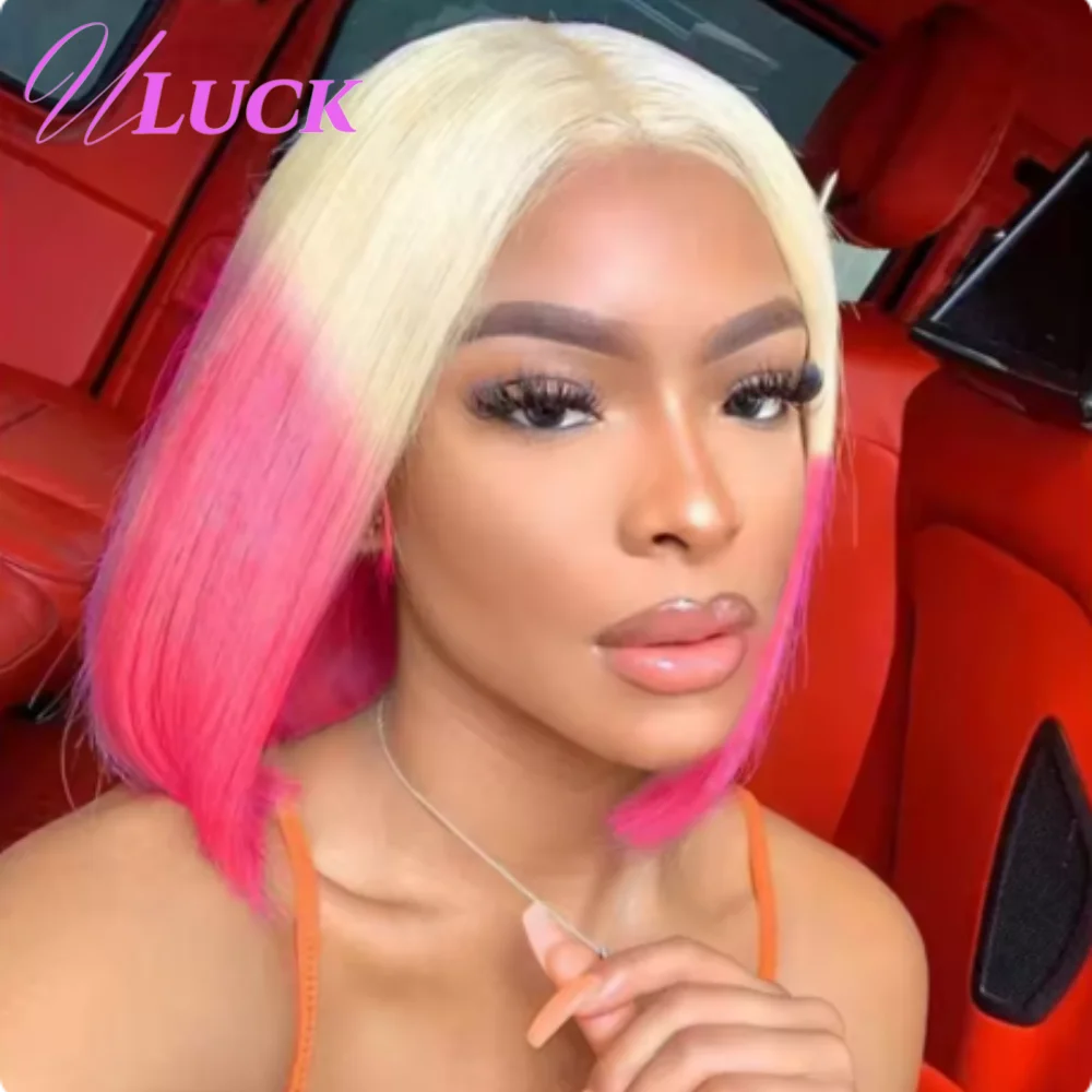 

Uluck Ombre 613 Pink Colored Double Drawn Bone Straight Bob Wigs Human Hair Wigs 300% Density 2x6 Lace Frontal Wigs For Women