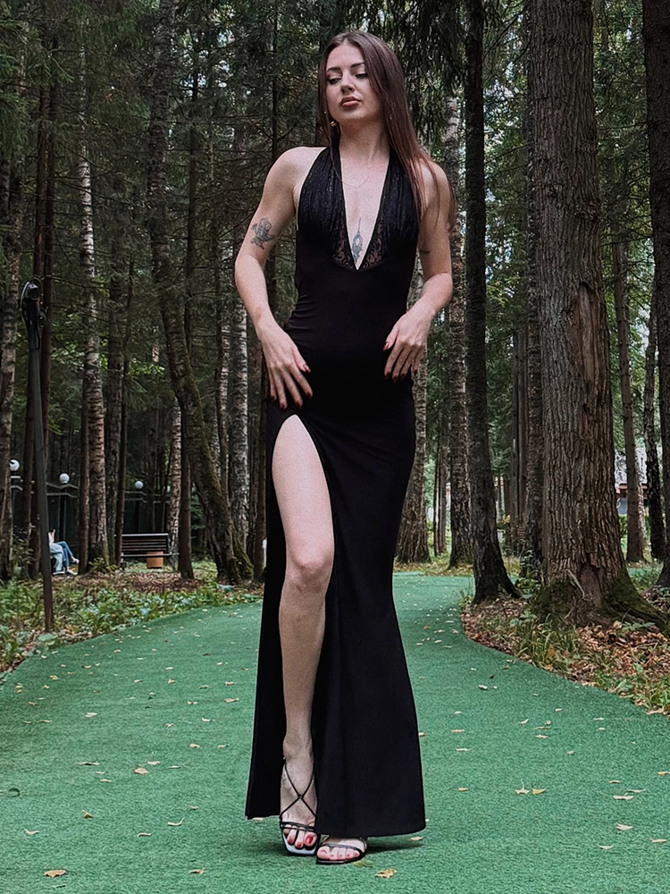 VC Black Halter Evening Dress Deep V Neck Lace Spliced Mermaid Maxi Gown High Split Formal Party Prom Dresses For Women