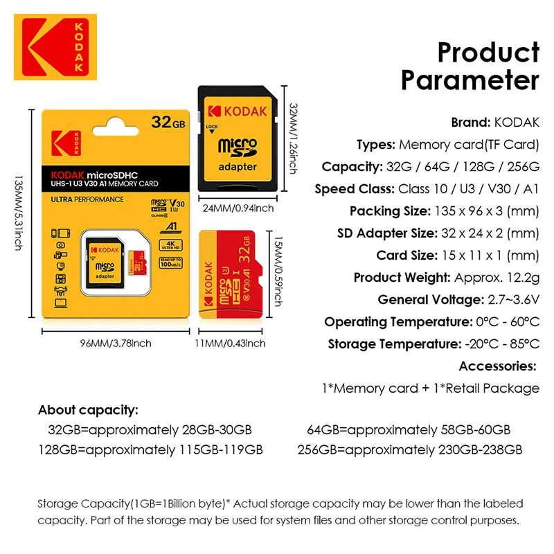 Kodak High-Speed Memory TF-kaart Micro SD-kaart 32GB/64GB/128GB/256GB voor tablets, camera's, telefoons, laptops, autoradiosystemen