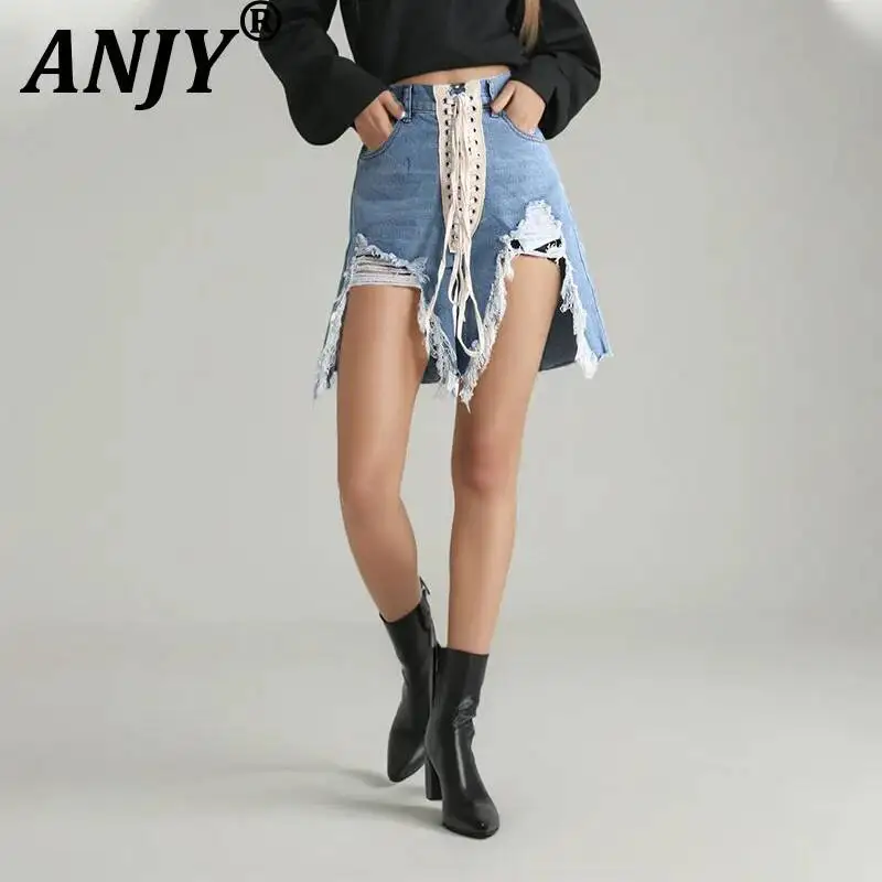 ANJY Summer New Women Sexy Hot Girl Style Cross-Strap Ripped Slim Fit Denim Shorts Washed High Street Design Chic Bottoms A24693