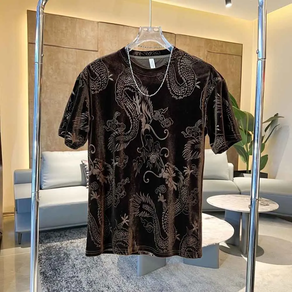 2024 Spring, Autumn and Winter New Gold Velvet Short Sleeve T-Blood Men\'s Slim Jacquard Dragon Pattern T-Blood Undershirt Top