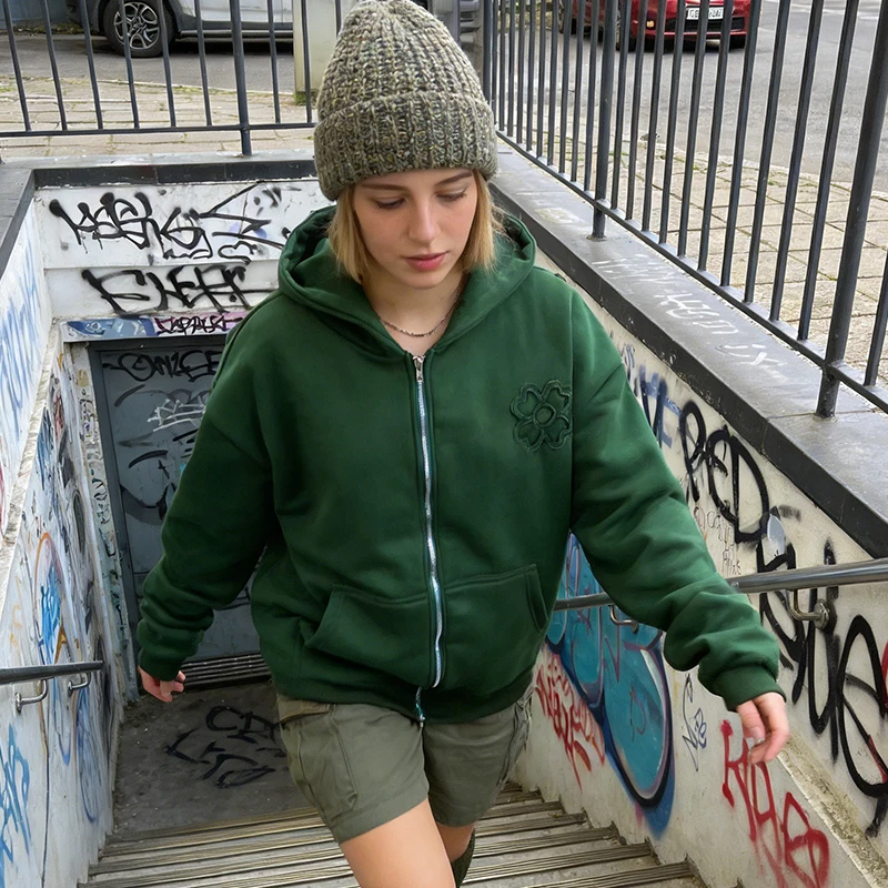 

Оверсайз свитшот в уличном стиле 2026: винтажная толстовка на молнии с 3D вышивкой четырехлистного клевера, модная повседневная одежда