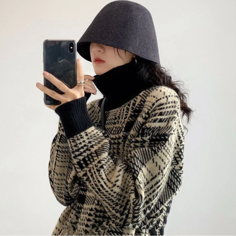 

Pullovers Women Plaid Fashion Sweater Streetwear Retro Turtleneck Soft Warm Long Sleeve Loose Korean Style Thicker Knitted Tops
