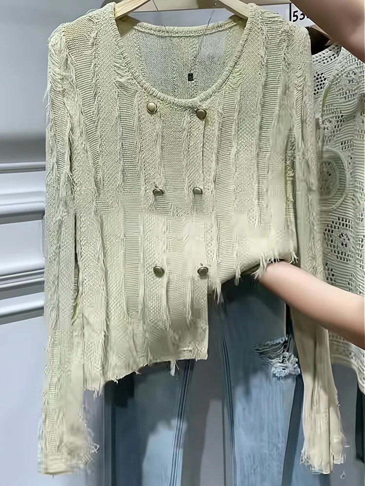 

Faionable Early Autumn Long Sve Knitted Sweater Women's Thin Sun Protection Double Buttoned Trim Cardigan Commute Sle ...