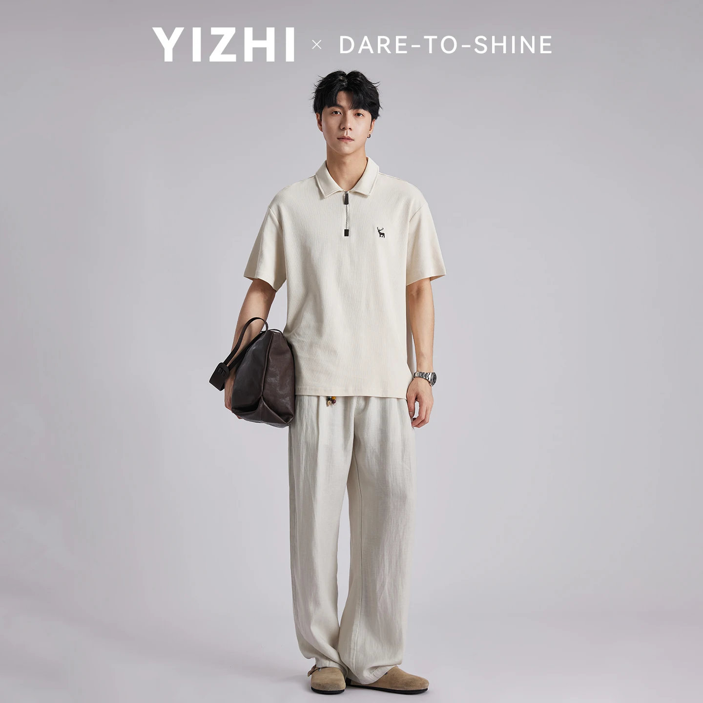 Fashion Men's Minimalist Deer Logo Embroidered Polo Shirt 2026 Summer Loose Half Zip Casual Commuter