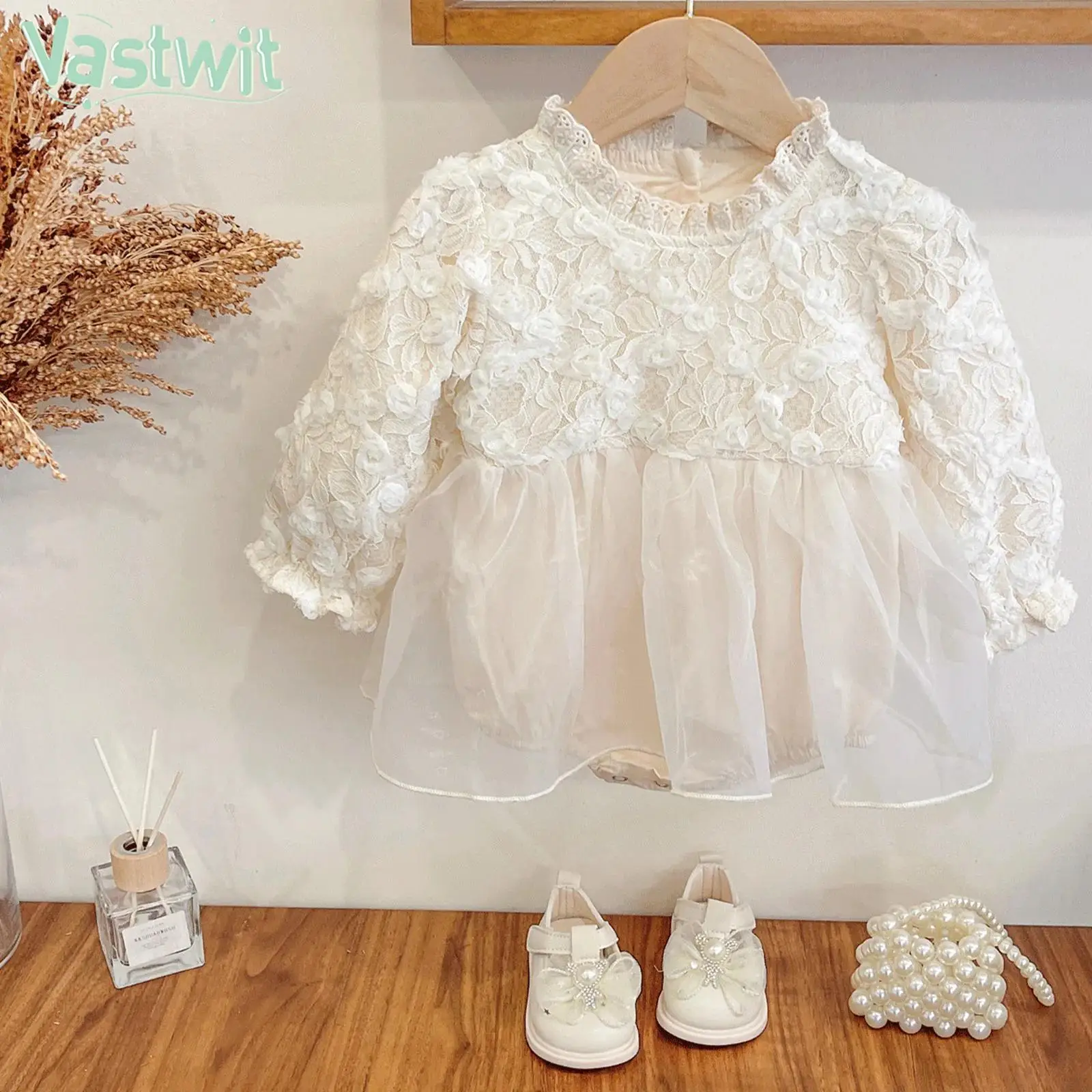 

Комбинезон для крещения и дня рождения, свадьбы, платье принцессы с длинными рукавами, милое кружевное тюлевое платье с цветочным принтом и повязкой на голову для маленьких девочек