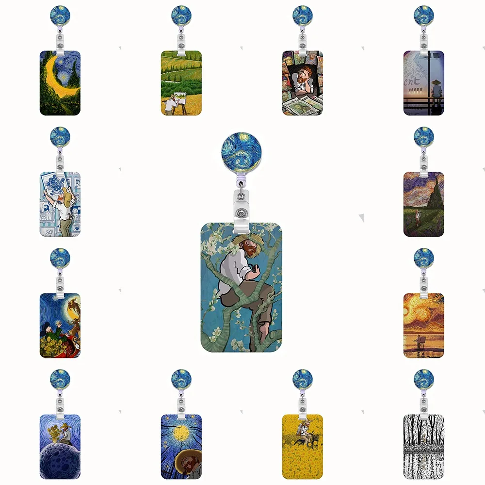 Van Gogh Starry Night Art Credential Holder for Keys Keychain Holder ID Credit Card Pass Hang RopeYoda Retractable Reel Clip