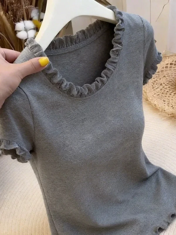 Unique Design Flounce Casual Short Sleeve Top Women's Summer T-Shirt Commute Style round Neck Korean Version Floral Pattern