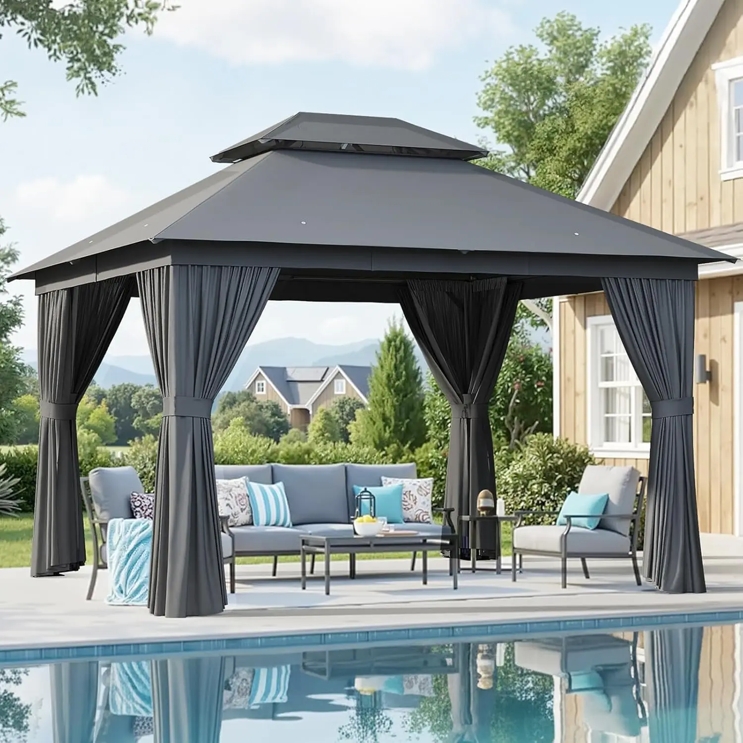 

Outdoor Gazebo for Patio 10x12, Metal Frame Canopy with Double Roofs, Heavy Duty Party Tent and Shelter, Lawn, Garden, Deck