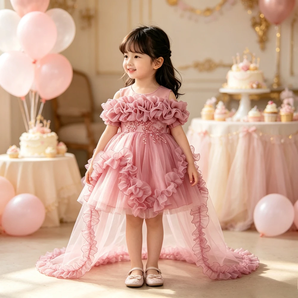 2026 Fashion Flower Girl Dresses for Weddings Lace Mesh Sleeveless Pageant Princess Ball Gown Summer Kids Birthday Dress 1-7 Y