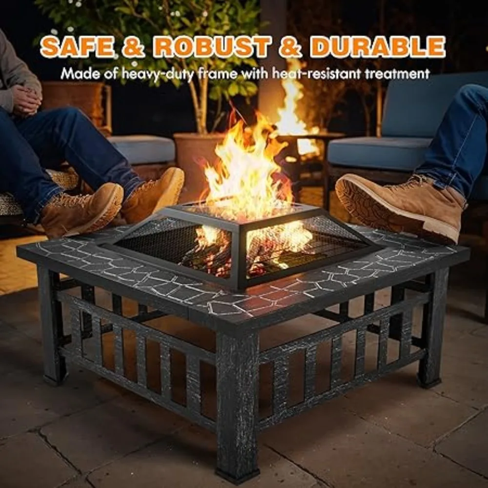 Braço de fogo ao ar livre 32 Polegada pátio quadrado metal firepit com capa poker & grelha lareira a lenha fogão quintal