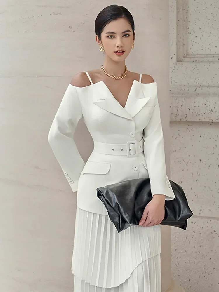 2024 Women\'s 2 Pcs Set Camisole Single Breasted Belt Waist Design Coat Pleated Stack Loose Skirt Suit Autumn 2024 New 13DB3648