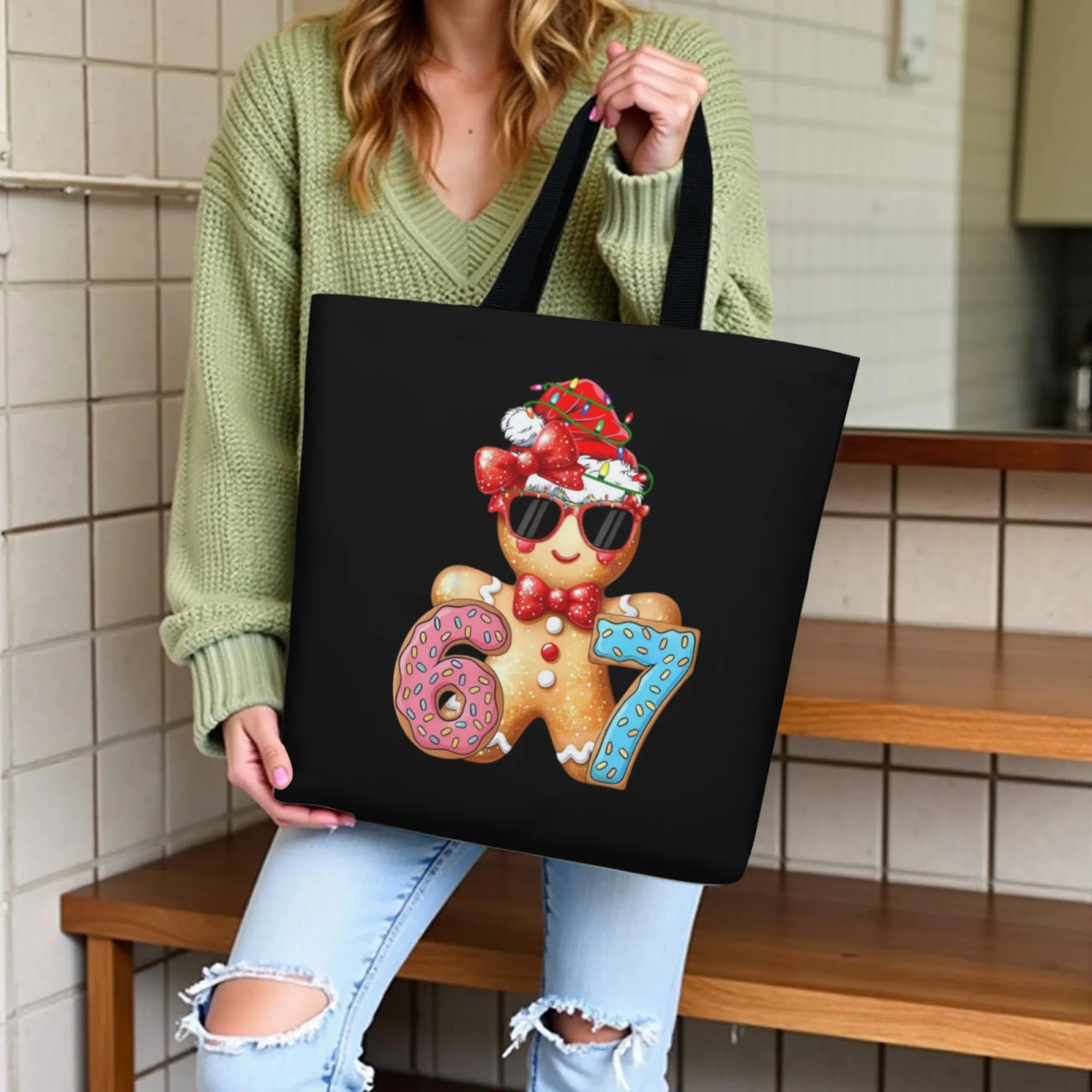 

Fashion 67 Six Seven Christmas Theme Trend Canvas Tote Bag Gingerbread Print Fashion Reusable for Trendy Teens Daily Use