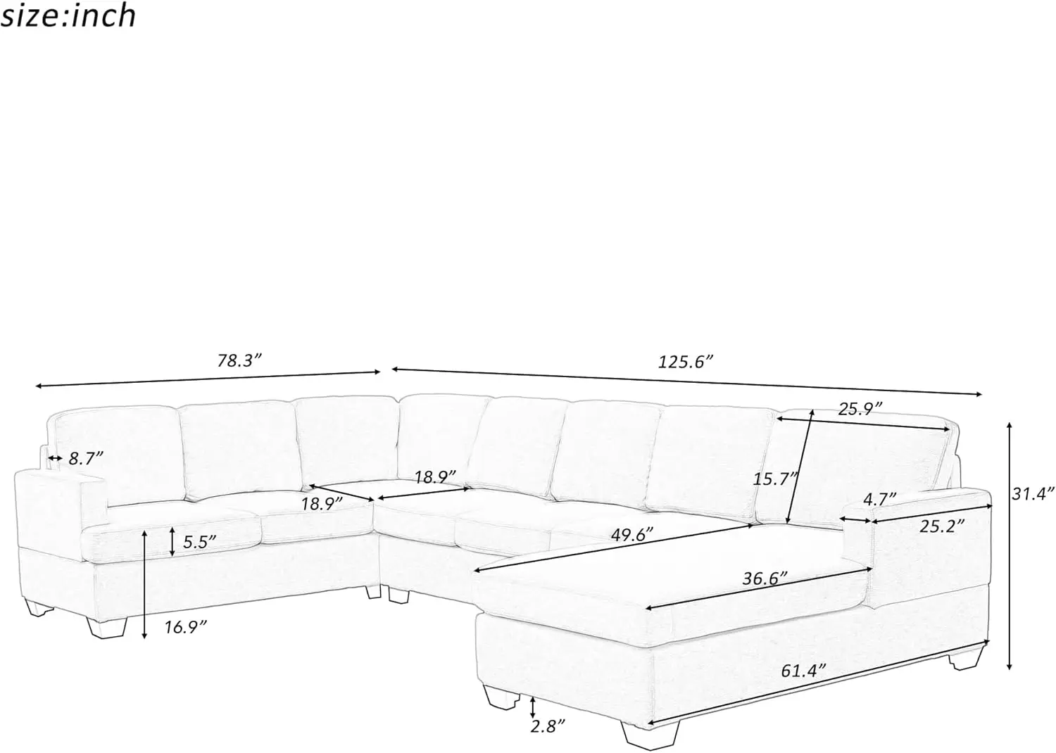 Shaped Sofa with Chaise Sectional，Oversized Modular Corner Couch for Living Room Home, Apartment, Furniture Set, 125.6 Inch