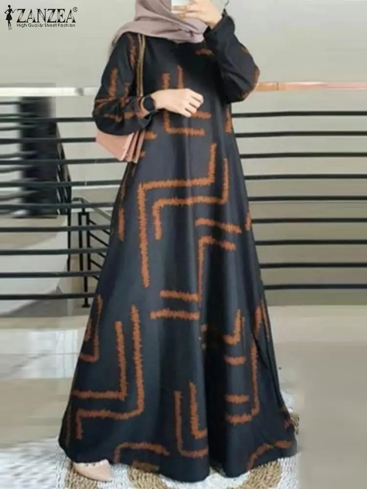 2024 ZANZEA damska muzułmańska Sundress wiosna z długim rękawem nadruk w stylu Vintage Maxi sukienka Femme moda na co dzień luźna Vestido Kaftan