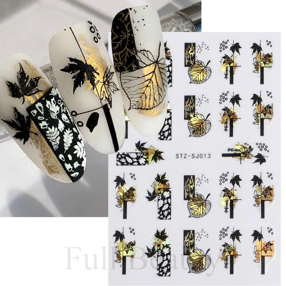 3D Golden Fall Nail Stickers Black Gold Leaf Cotton Flowers Transfer Decals Nail Adhesive Sliders Manicure New Design Decoration