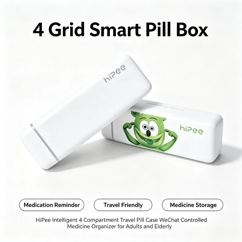 HiPee Smart 4‑Grid Travel Pill Organizer WeChat Mini Program Medication Reminder Medicine Storage Box