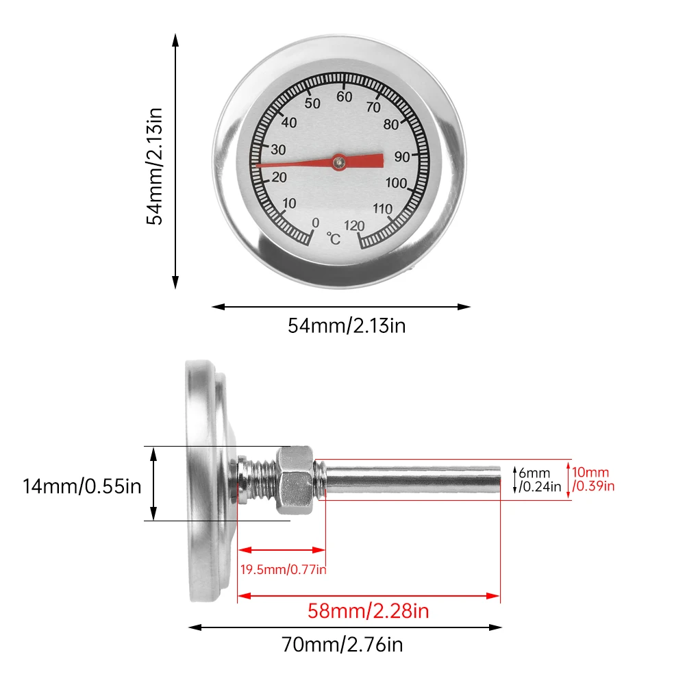 0-120 ℃   ميزان حرارة من الفولاذ المقاوم للصدأ 54 مللي متر مقياس درجة الحرارة المعدني للشواء والطعام والطهي واللحوم أدوات المطبخ