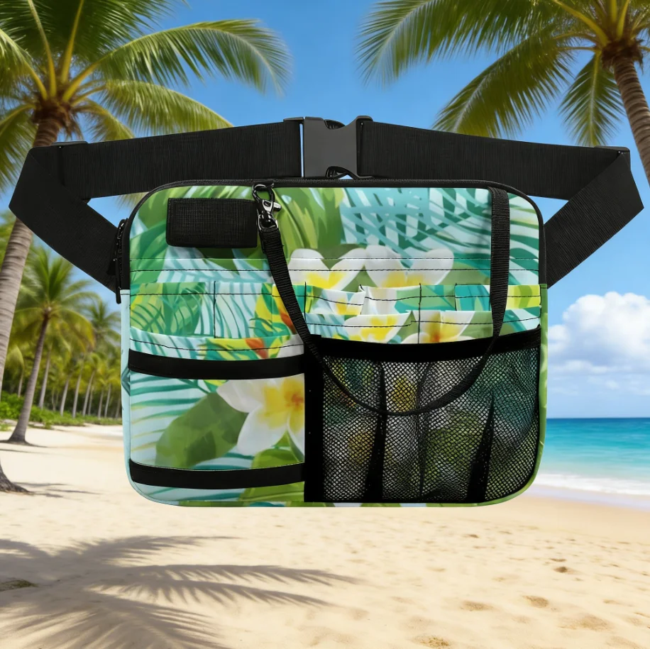 

Tropical Leaf Waist Bag with Mesh Pockets - Hawaiian Floral Fanny Pack, Multi-Pocket Belt Pouch for Travel, Hiking, Festival