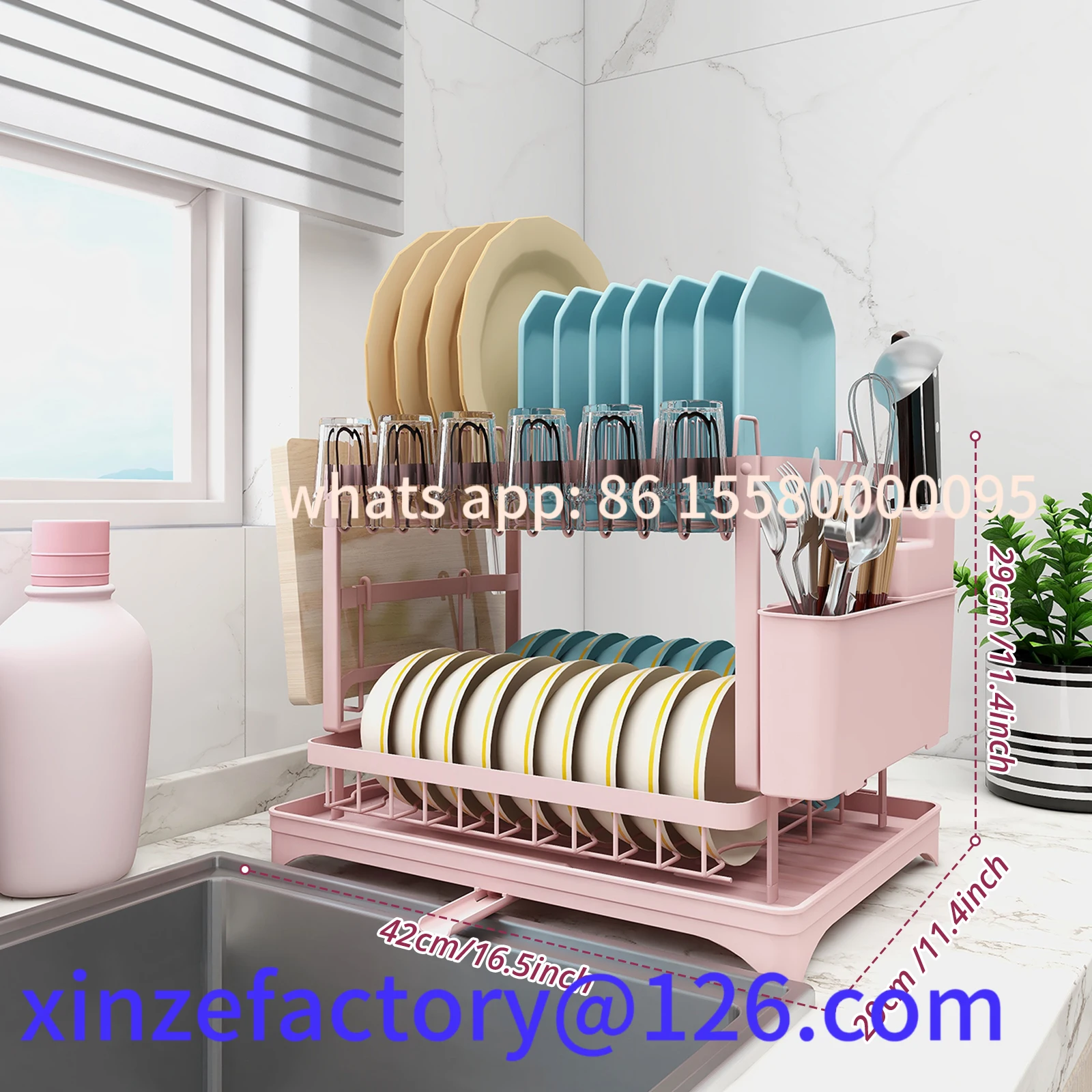 رف أطباق وردي قابل للتخصيص، رف تجفيف الأطباق من طبقتين، مع حامل للأواني ولوح القطع، مناسب لعائلة 1-4 أشخاص #3
