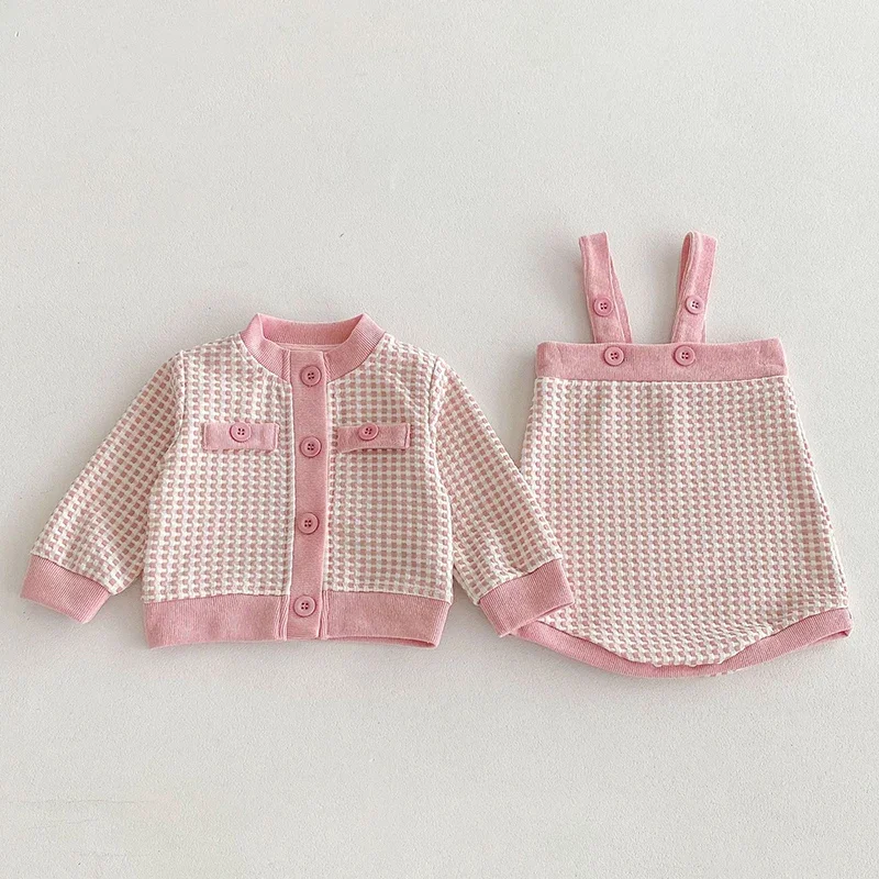 2024 nuovo autunno neonate abbigliamento Set maniche lunghe Cardigan reticolo + tuta bambino neonata vestiti vestito