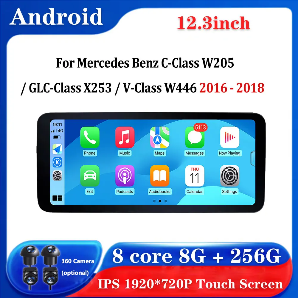 Android 14 For Mercedes Benz C-Class W205 / GLC-Class X253 / V-Class W446 2016 - 2018 Car Radio GPS Navigation Video Multimedia