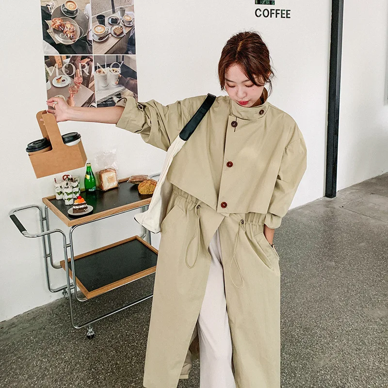 

SuperAen 2024 Spring Apricot Windbreaker Long Coat Women's Loose Design Drawstring Waistband Windbreaker Coat