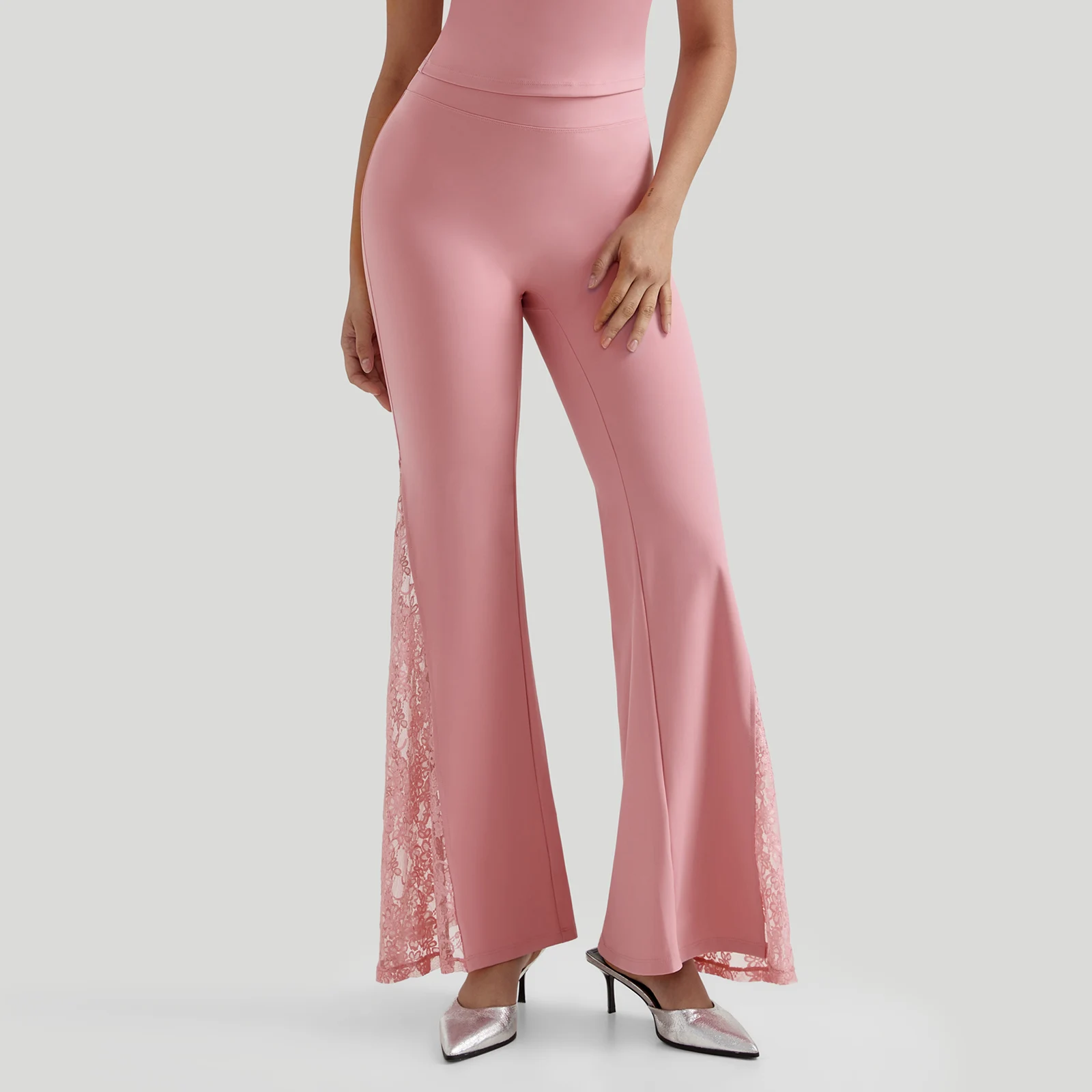 Women Punk Sexy See Through Lace Patchwork Flare Pants Streetwear High Waist Wid Leg Vintage Trousers Y2k Pants Female