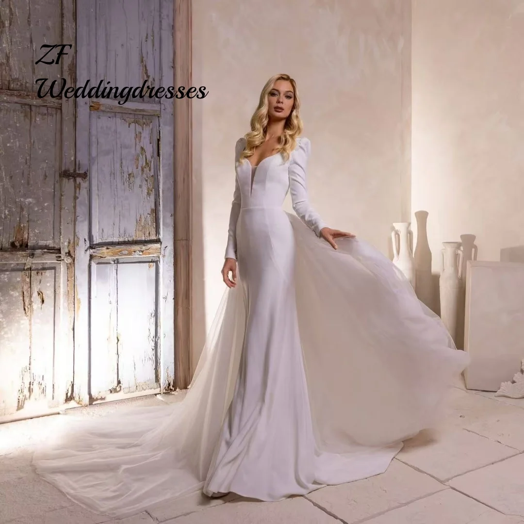 Customized luxury satin mermaid disassembly little train evening dress, ball dress, long-sleeved wedding dress