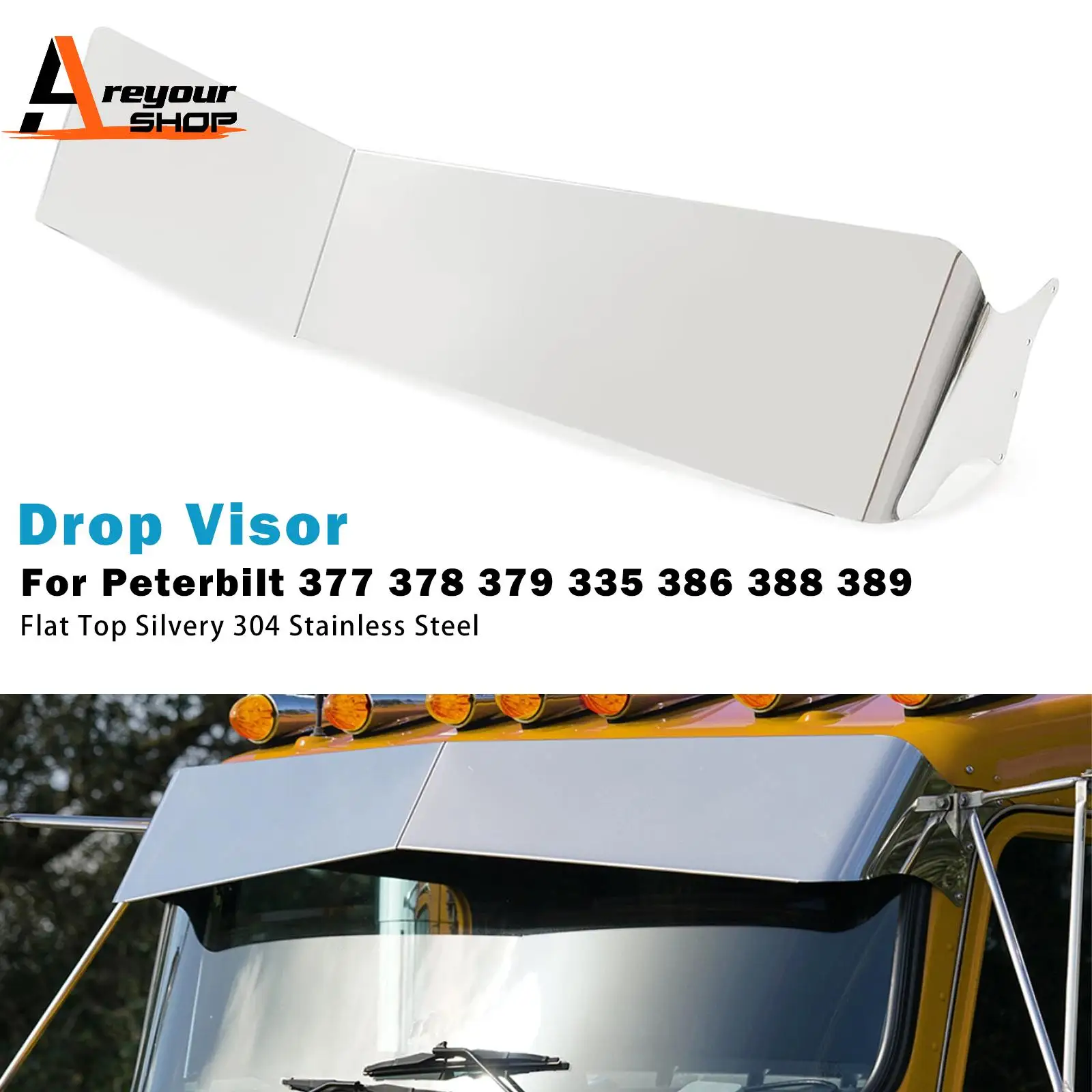 Areyourshop Visera plateada superior plana para Peterbilt 377 378 379 335 386 388 389