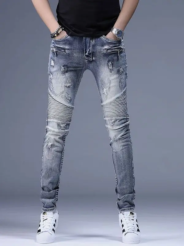 

Высококачественные мужские джинсы в стиле пэчворк, модная уличная одежда, облегающие эластичные длинные брюки, весенне-осенние повседневные износостойкие брюки