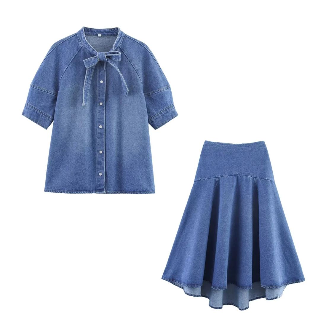 

Women's Denim Skirt Set Bow-Tie Decorated Denim Shirt and Casual Loose Denim Skirt Casual and Fashionable