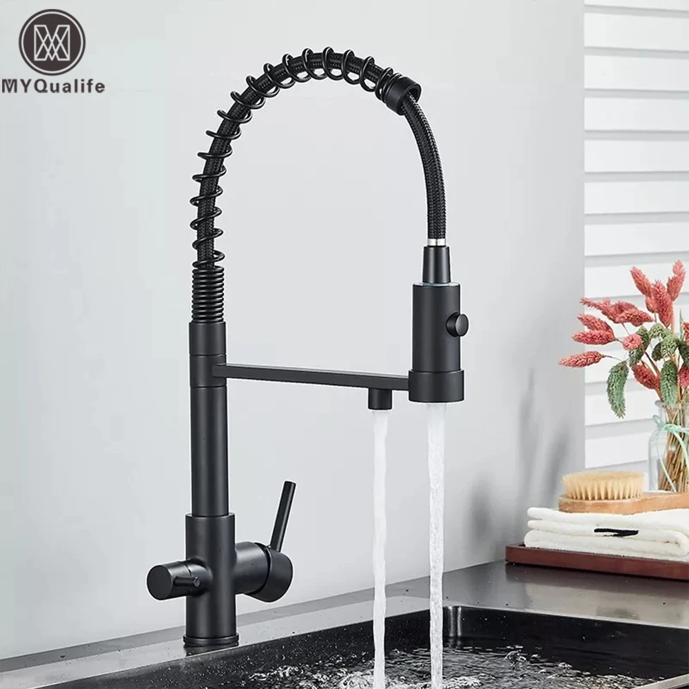 Matte Black Filtered Kitchen Faucet Pure Water Kitchen Faucet Dual Handle Hot&Cold Drinking Water Purified Kitchen Mixer Taps