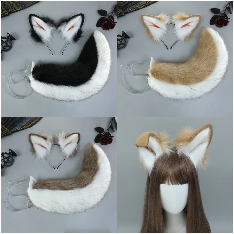 Simulation Shiba Inu Ear Headwear Plush Animal Cosplay Accessories Kahaki Headband Tail Girls Kawaii Lolita JK Costume Props