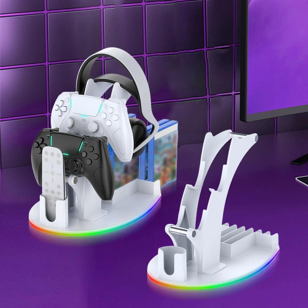 أقراص ألعاب التحكم عن بعد RGB دعامة تثبيت للتخزين مع منظم حامل سماعة الرأس وحامل عرض لجهاز PS 5 للبلاي ستيشن 5