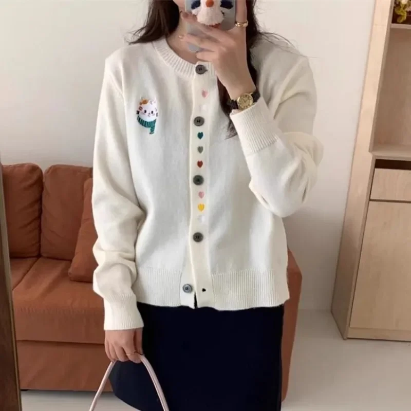 Japanese Cute Love Embroidery Cartoon Cat Cardigan Jacket for Women Preppy Style College Girls Autumn Long Sleeve Sweater Coats