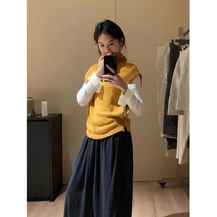 Żółta dzianinowa kamizelka z wysokim kołnierzem, damska, na wczesną jesień, do noszenia warstwowo, sweter na ramię, odzież wierzchnia.