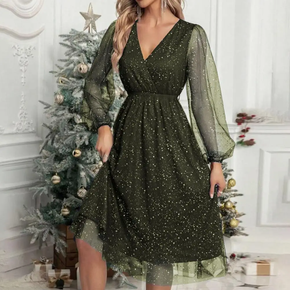 Vestido elegante elegante manga de malha vestido de festa com decote em v com cintura slim fit saia plissada de camada dupla para mulheres na altura do joelho