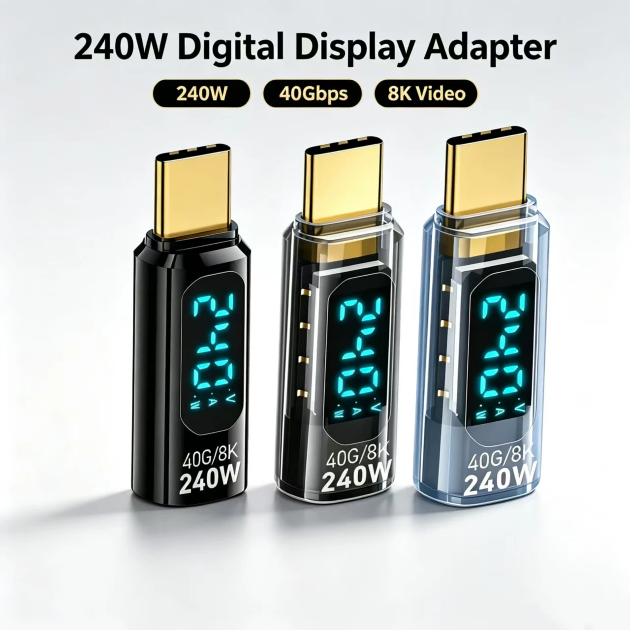 Adapter USB4 typu C (wtyk-mufa) o mocy 240 W, cyfrowy miernik mocy, prędkość transmisji danych 40 Gbps, obsługujący wideo 8K przy częstotliwości 60 Hz, szybkie ładowanie PD3.1 EPR.