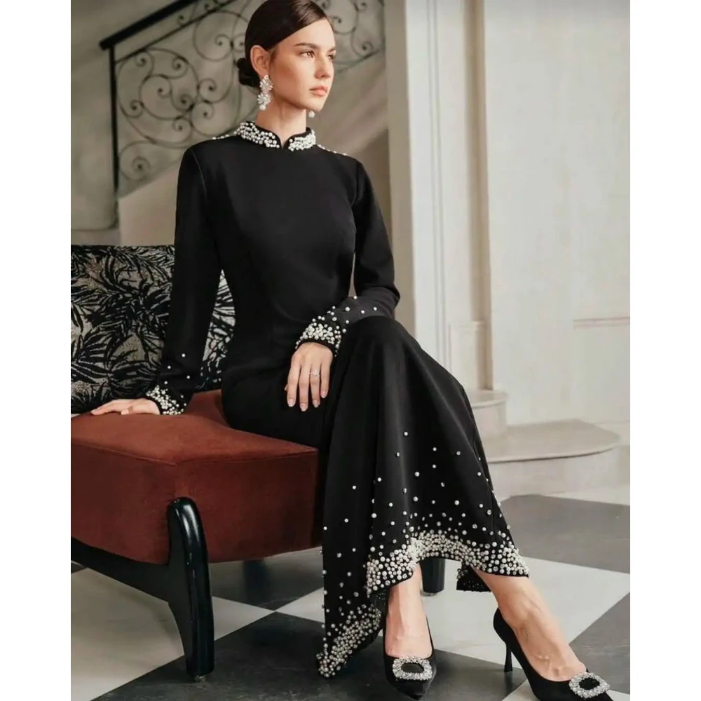 Preto modesto vestido de noite alta pescoço manga longa beadings vestido de festa de luxo fenda volta tornozelo comprimento vestido de baile personalizado