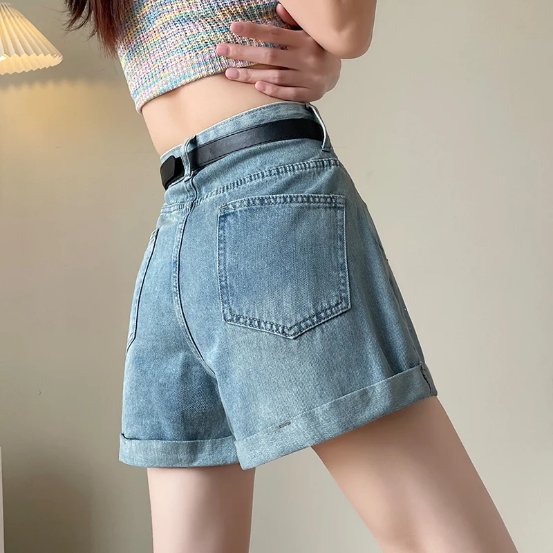 Rhinestone Rolled Denim Shorts Women Summer Blue High Waist Wide Leg Short Pants Female Loose Casual Shorts