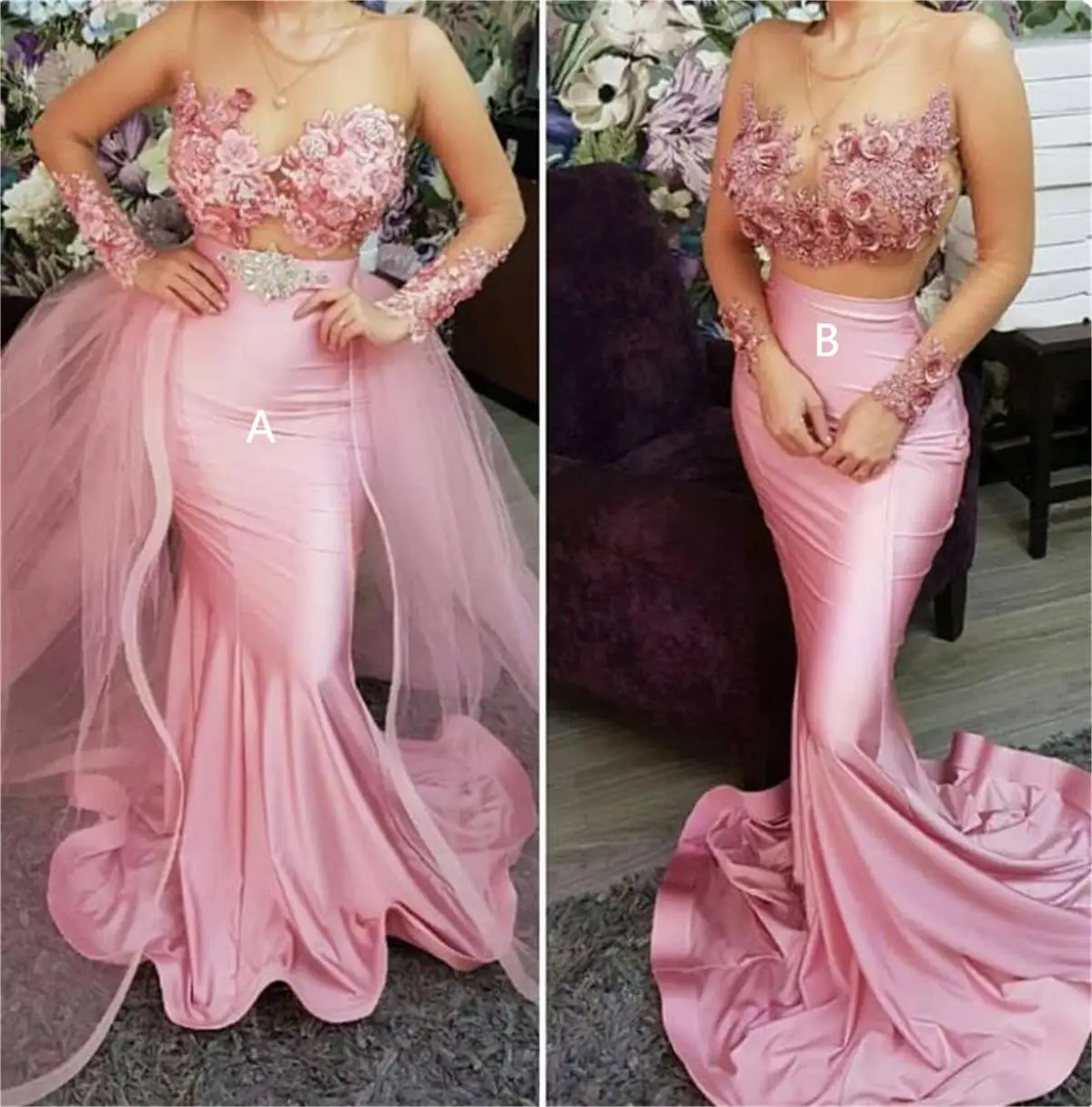 Mode erröten rosa Spitze Applikation Satin Meerjungfrau Brautjungfer Kleid Rundhals ausschnitt Langarm Abschluss ball Party Kleid Dienst mädchen mit