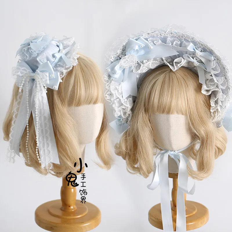 Pastel Blue Lolita KC Hair Set, Mini Top Hat and BNT Bonnet Headband, Handmade Women's Lace Bow Hair Accessories